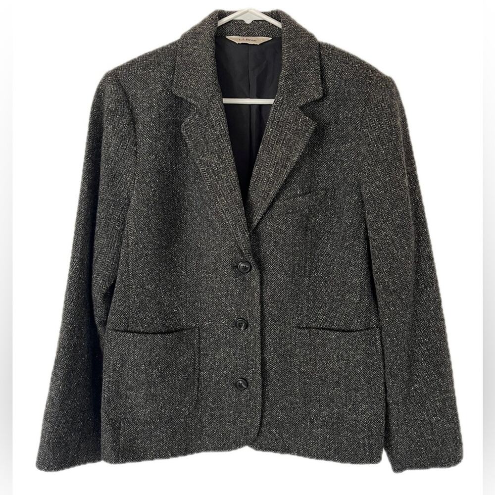 L.L. Bean Women's Charcoal Gray Herringbone Wool Blazer XL Silk Blend Pockets